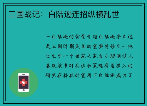 三国战记：白陆逊连招纵横乱世